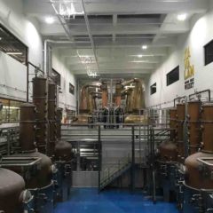 噶瑪蘭酒廠三組威士忌蒸餾器（後）及新購置的氈酒蒸餾器（前）