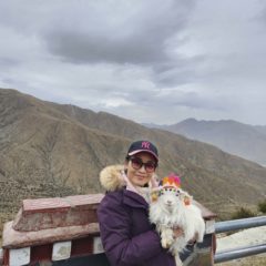 筆者在西藏高原抱著藏羊合照。